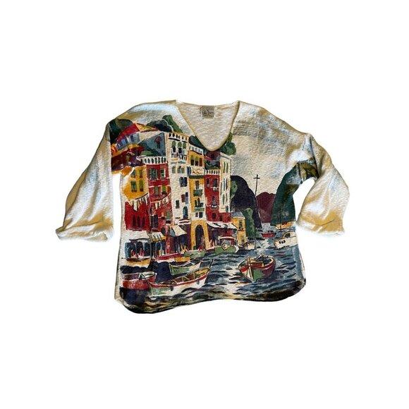 Michael Leu Sweater Size 1X Art Apparel Group Cotton Italian Scene V Neck - Picture 8 of 16